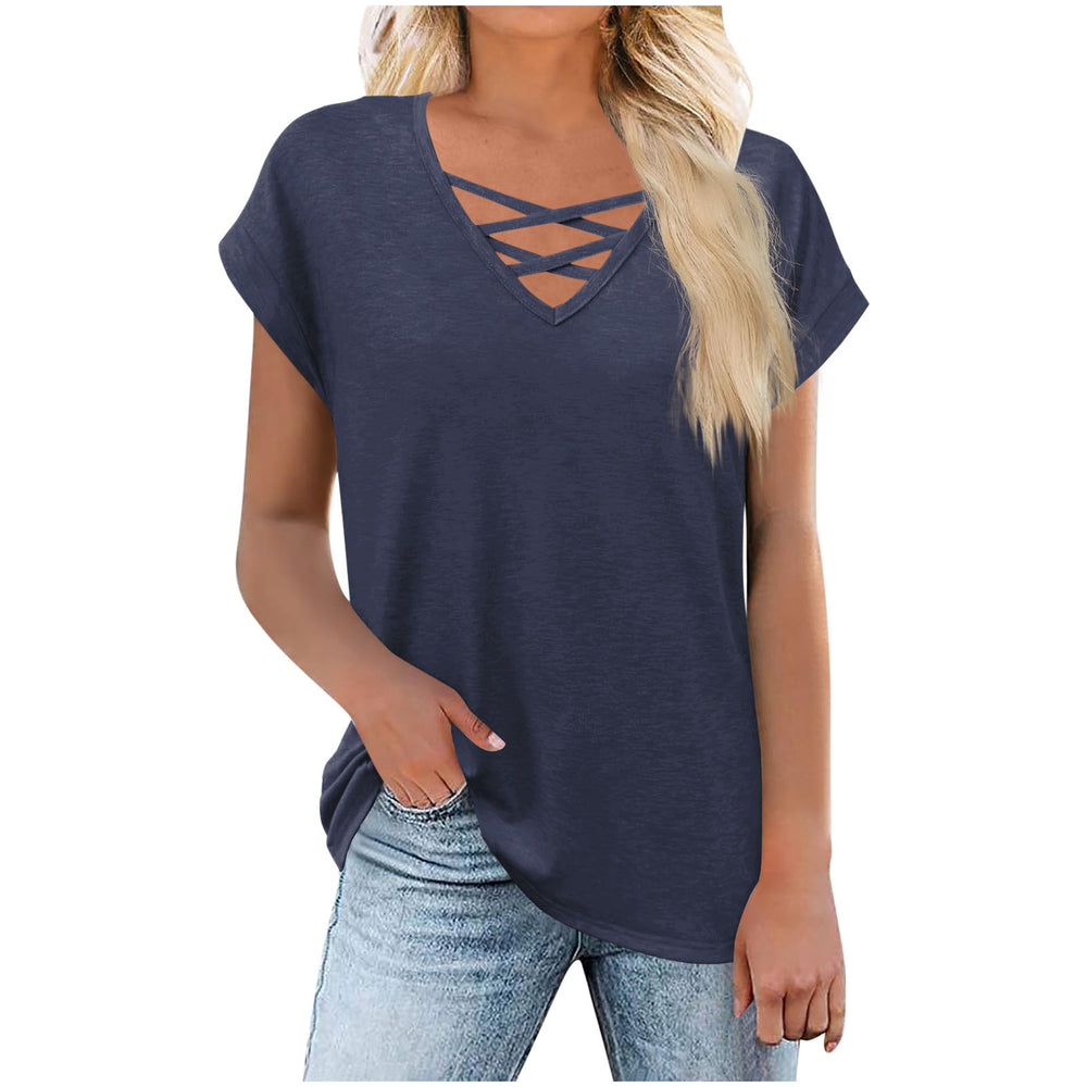 fashionexport cross-border  women's loose butterfly sleeve v-neck cross t-shirt tops short-sleeved shirt