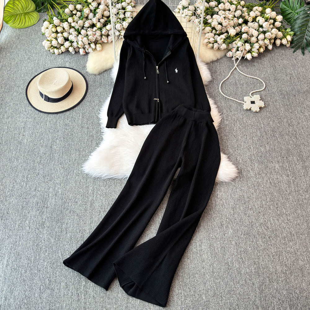 Women's casual knit set - autumn/winter versatile zip-up hoodie sweater jacket & high-waisted wide-leg pants two-piece outfit