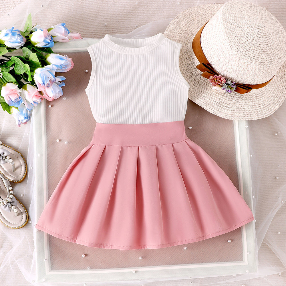 Amazon fashion summer new girlssuit pure color sleeveless pit vest and pleated skirttwo-piece set
