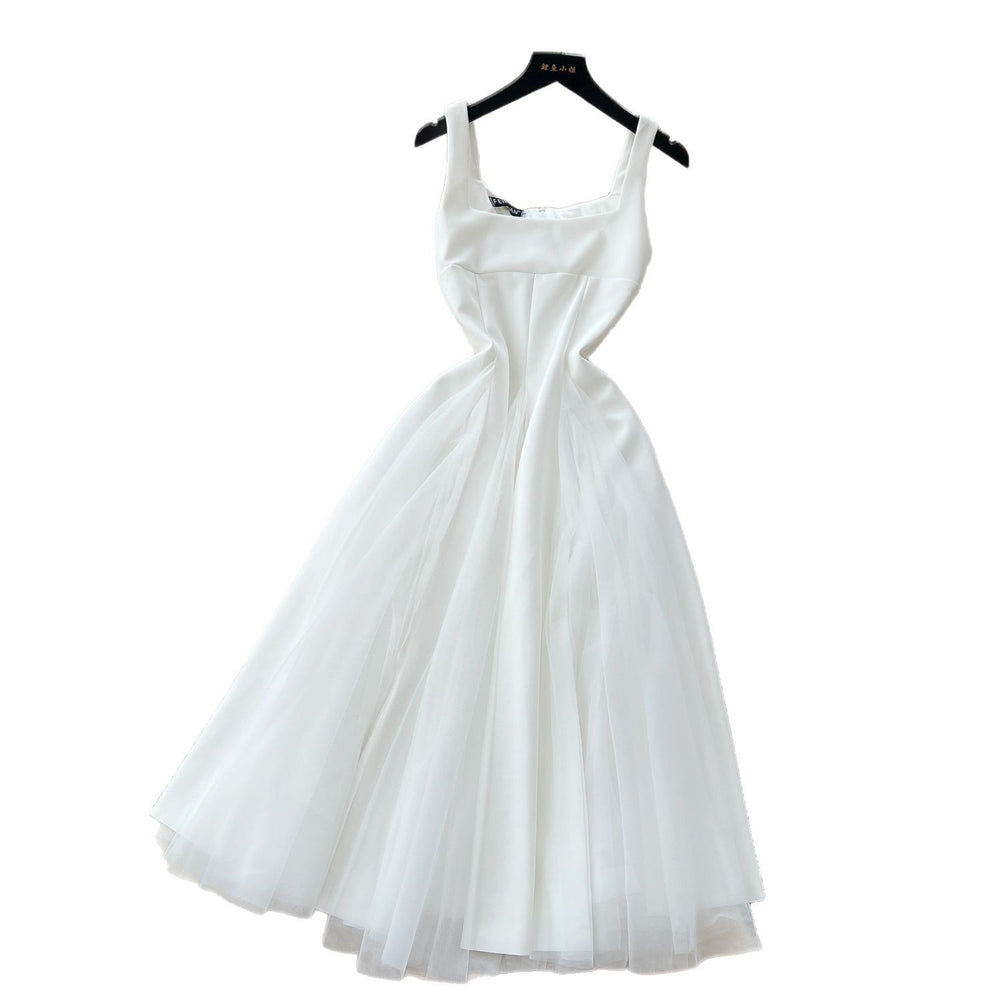 French hepburn style dress women's  summer high-end square neck camisole spliced mesh puffy gown maxi dress