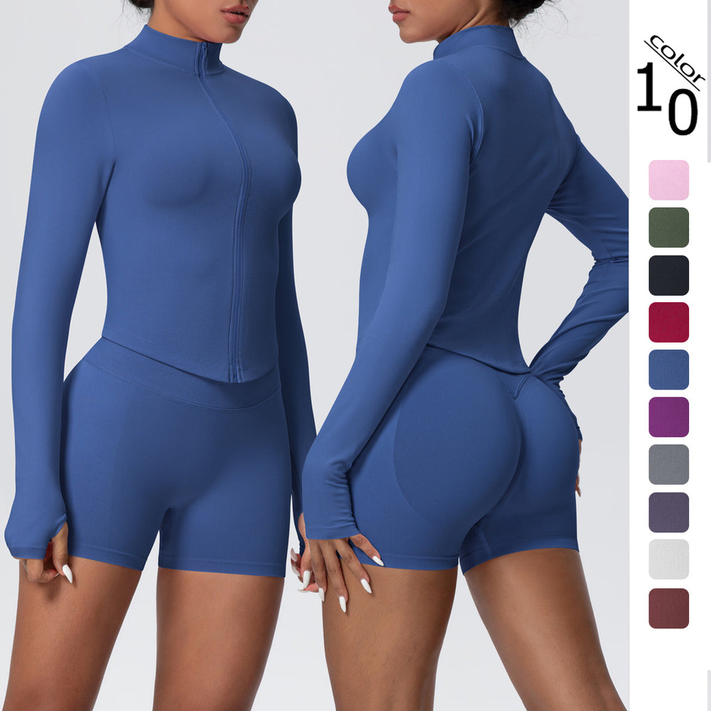 New seamless stand collar knit long sleeve zipper yoga outfit high waist tight sports outdoor running fitness set for women