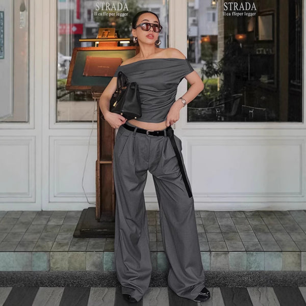 European and American commuter gray tube top, trousers two-piece set 2025 autumn workplace suit pants set  women's clothing