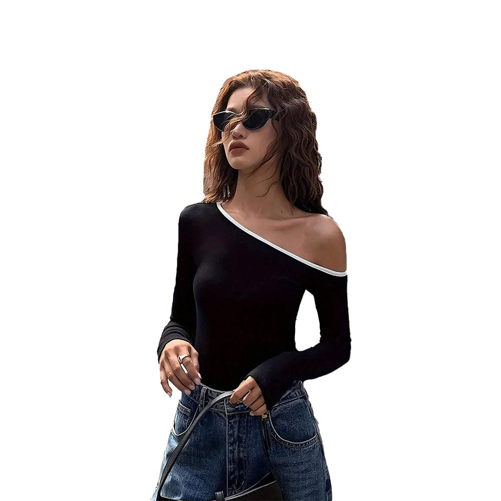 export women's clothing: ins european and american trendy style asymmetrical neck t-shirt, spring/summer unique design, niche off-shoulder top