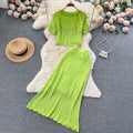 Korean ins style cut out crochet lace short-sleeved suit skirt women's shorttops+mermaid half length skirttwo-piece set trendy