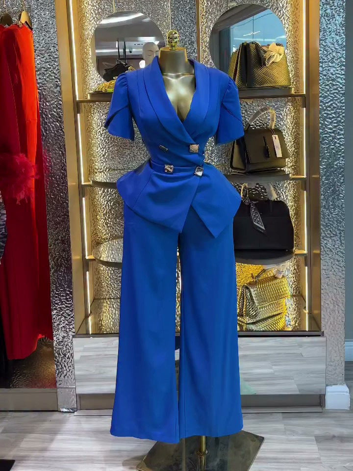 Fashion cross-border women's clothing  summer new arrivalelegantwork clothing double-breasted waist tops high waistpantssuit