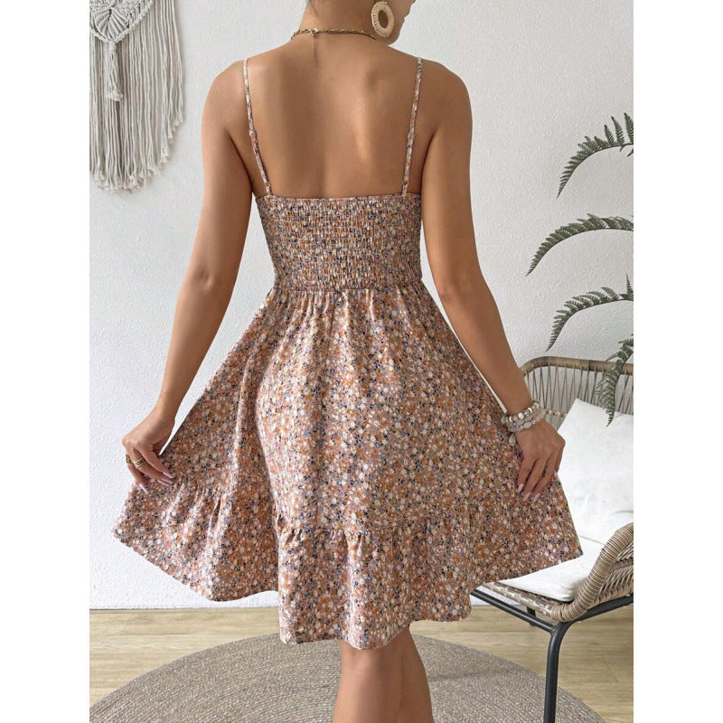 fashion  summer new arrival holiday floral pleated ruffles casual suspender dress for women