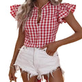 spring/summer new arrival: european and american style plaid shirt - loose fit ruffle hem summer top for women
