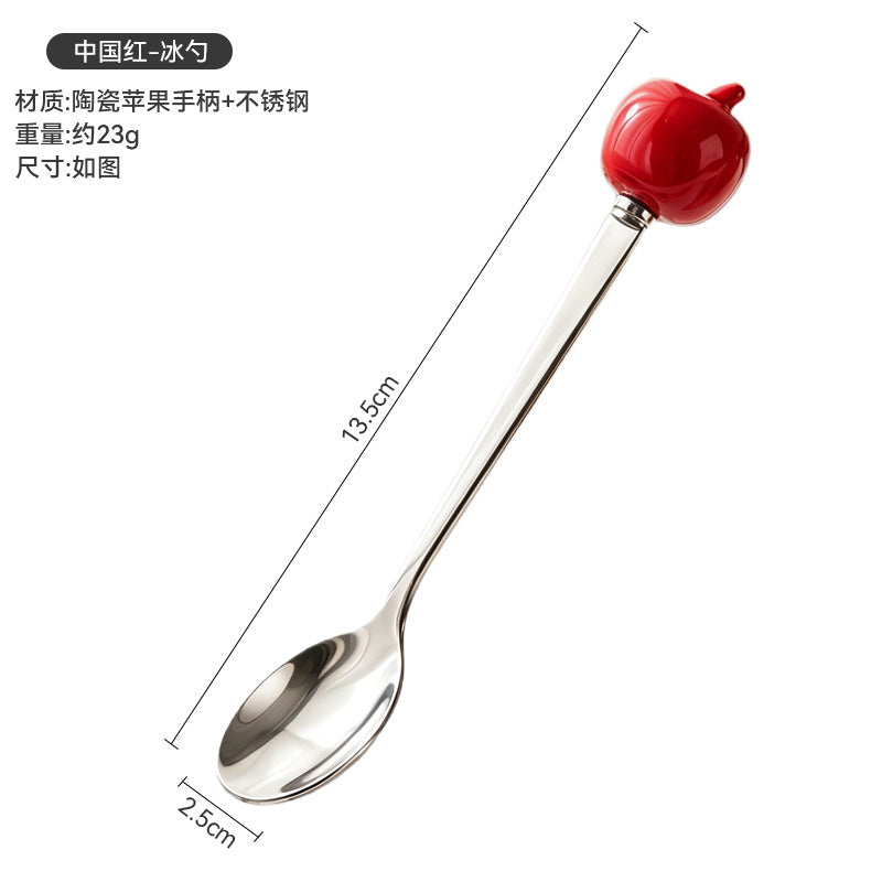 Colorful apple fork and spoon set - creative spoons with stainless steel and ceramic handles for fruit, coffee, cake, and desserts - wholesale