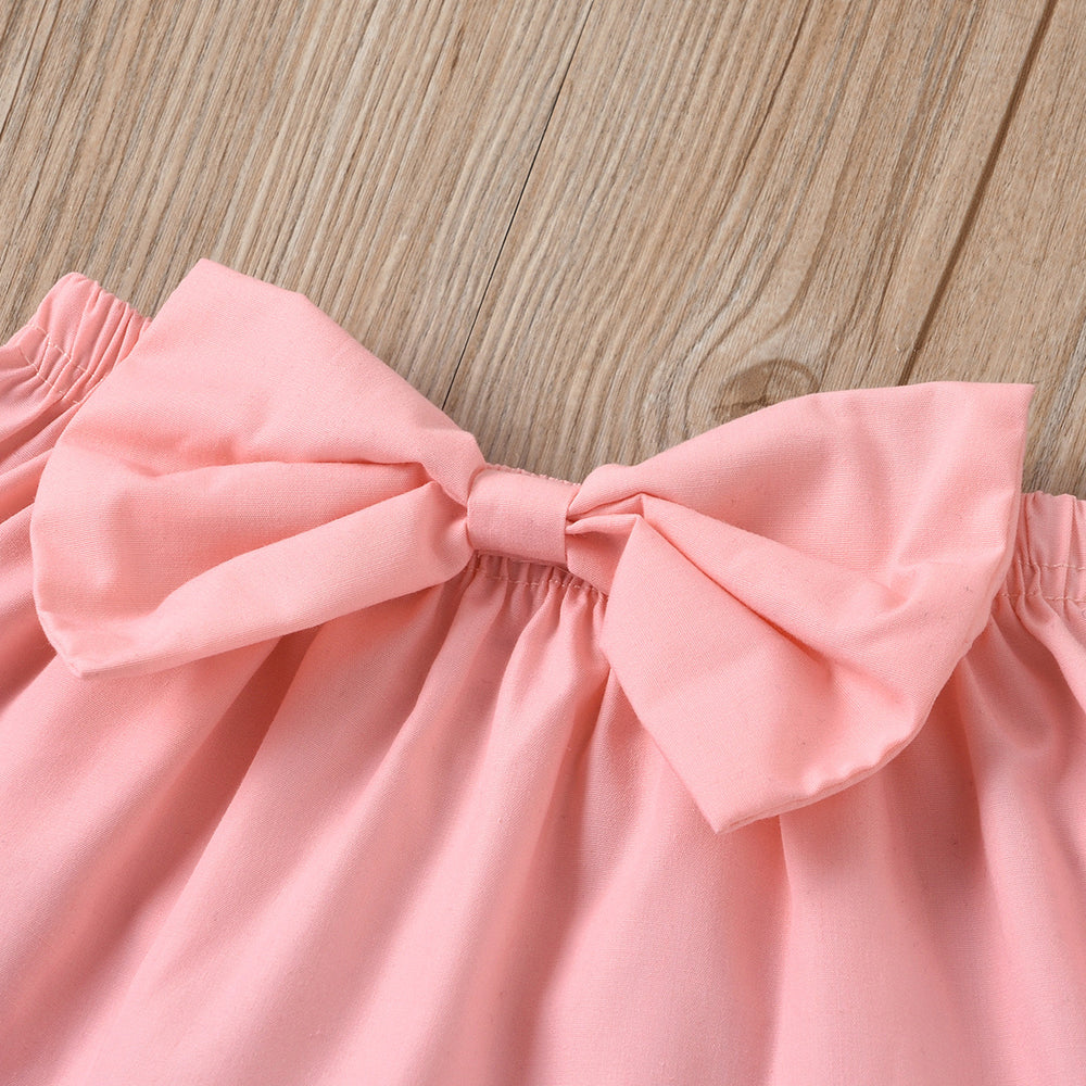 newborn children's wear: european and american style solid color bowknot bandeau top and tie-waist denim shorts two-piece set