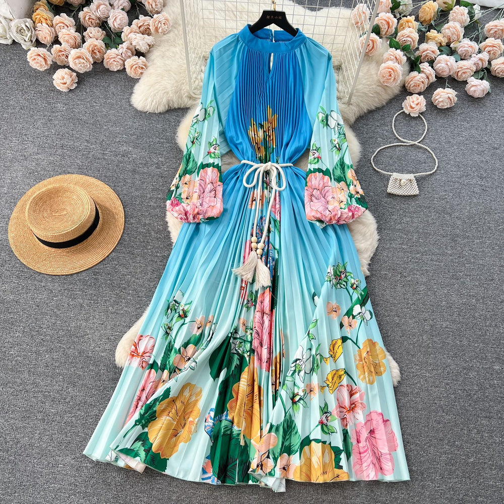 European and american retro court style design printed long dress with heavy pleating, puff sleeves, and pleated skirt - spring collection for women