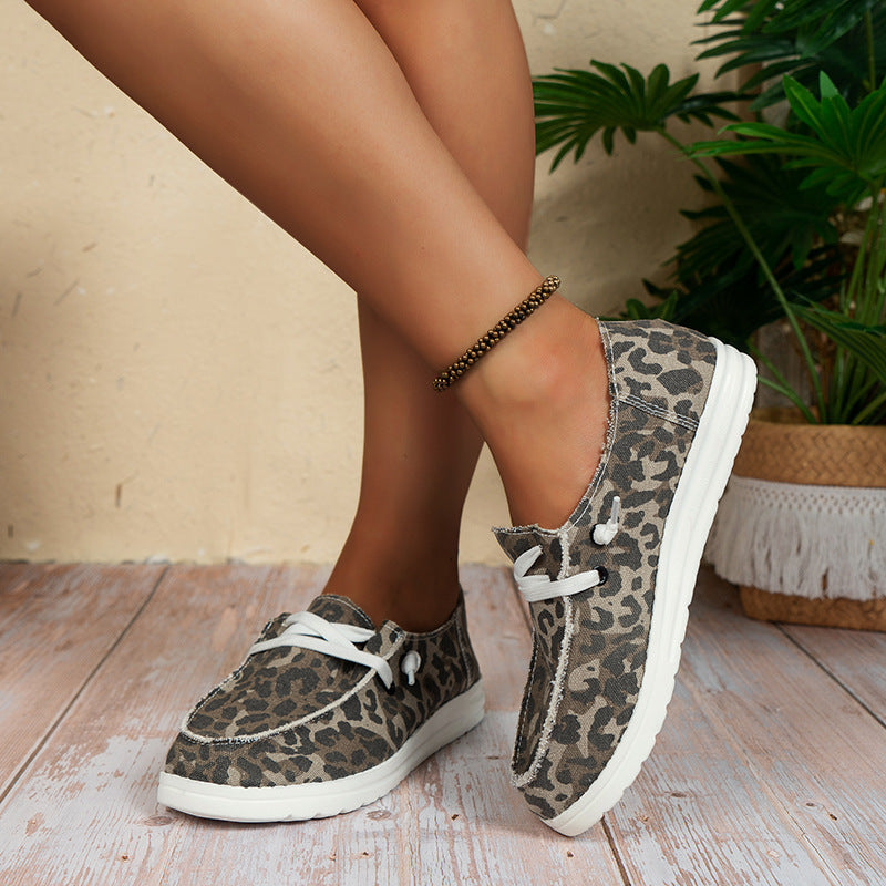 Plus size women's summer canvas casual shoes - round toe, leopard print, slip-on style - trending