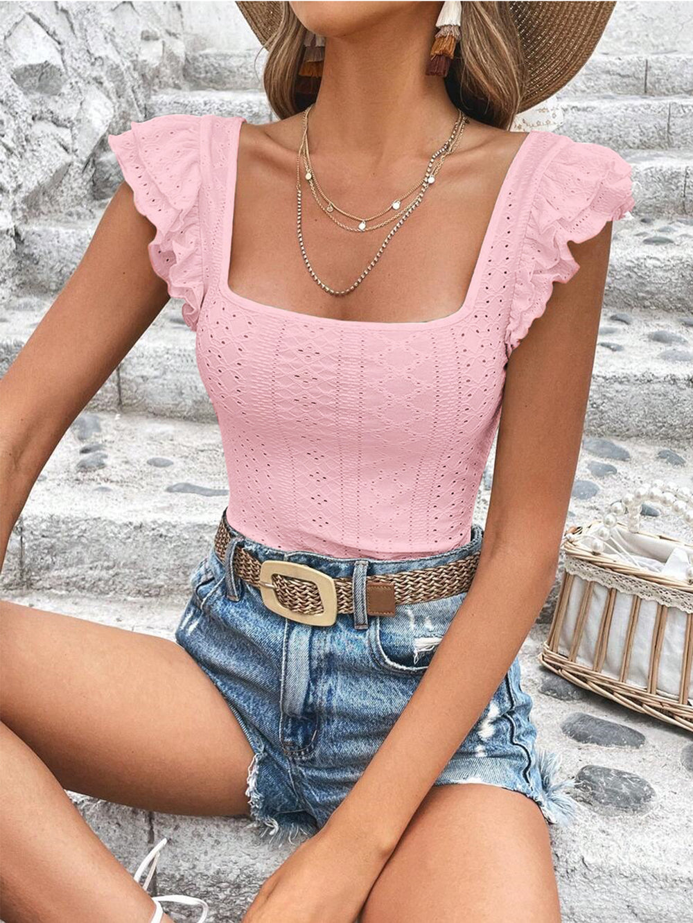european and american cross-border e-commerce women's apparel: new summer square neck ruffle trim slim-fit t-shirt for  and independent websites