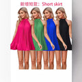 Amazon women's  new spring solid color ruched sleeveless stand collar bow tie elegant dress
