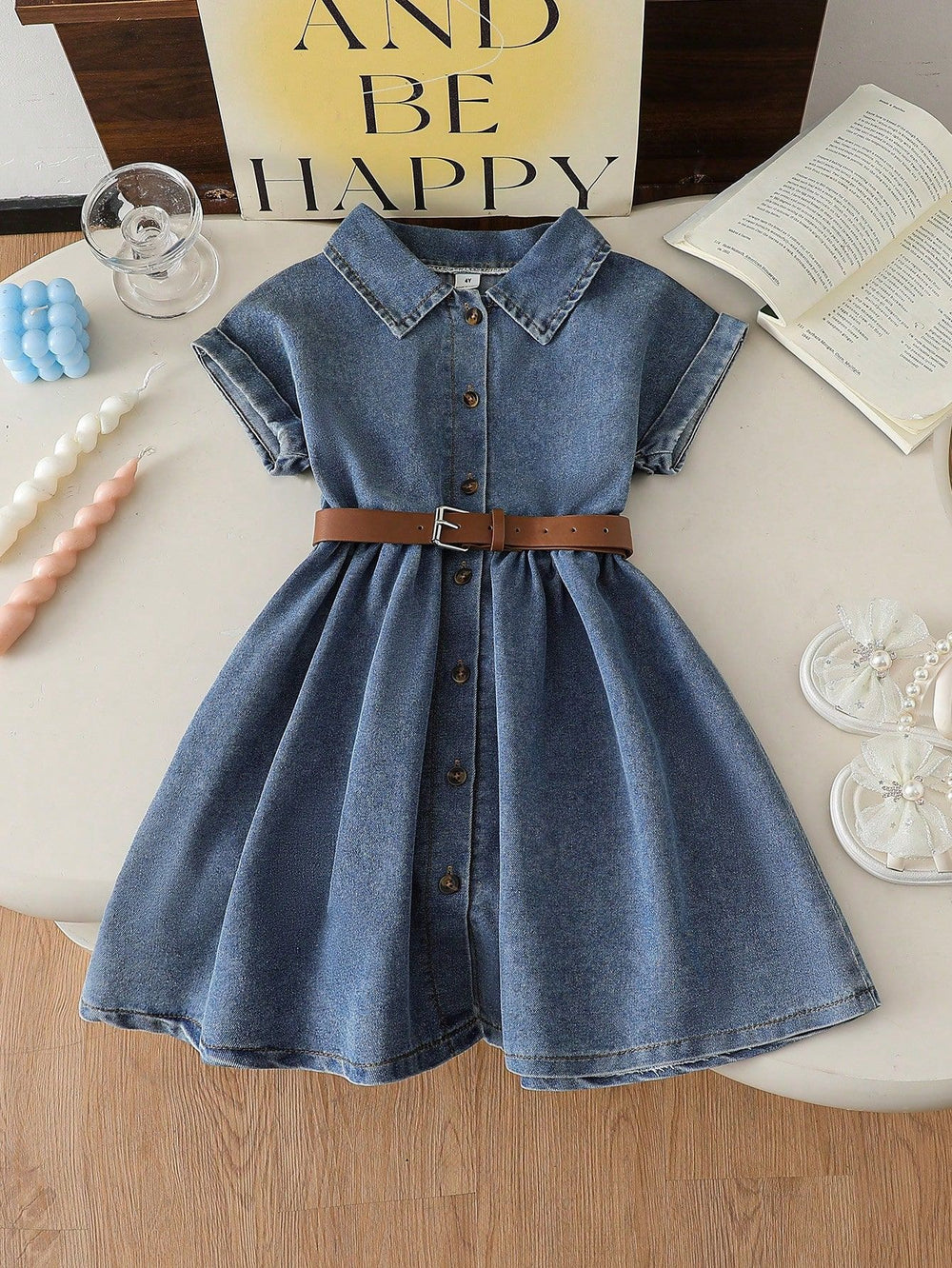 hot-selling girls' a-line denim washed dress with turn-down collar - cross-border exclusive