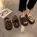 Leopard print platform slippers with faux fur trim - women's outdoor wear, new autumn/winter 2024 fashion, fluffy cotton house slippers