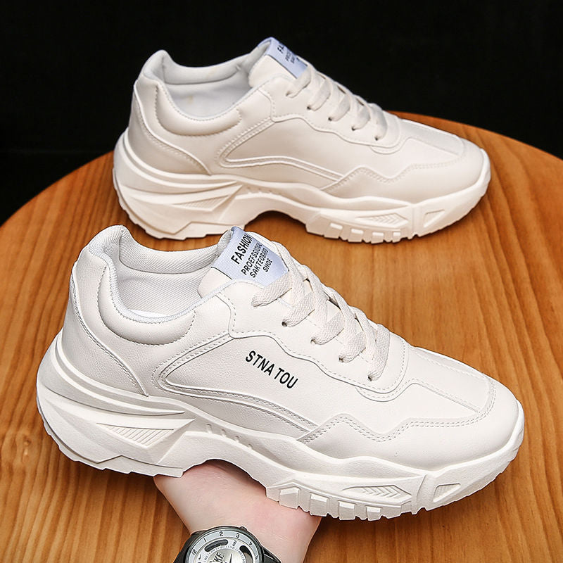 Men's 2025 spring new arrival: korean style trendy white sneakers - versatile, breathable, height increasing, running, casual, athletic, and chunky dad shoes
