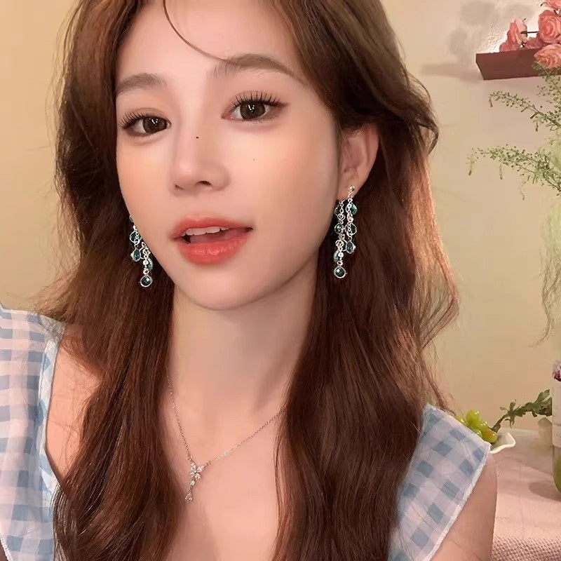 Spring flash blue grape tassel earrings women's light luxury classy earrings elegant niche two-wear earrings