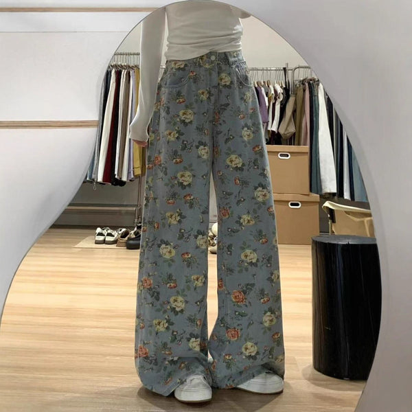 Foreign trade American retro floral printing wide-leg jeans women's summer design loose drape thin wide-leg pants