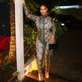 European and american style cross-border printed slim-fit women's jumpsuit - high neck, long sleeve, retro chic, trendy bodysuit