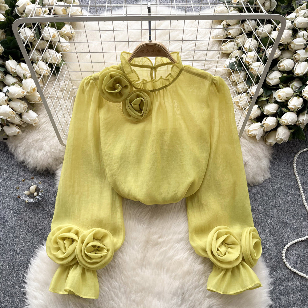 Frenchshirt women's sense of designniche style stereo flower puff sleeves age reduction easiest for matchpure color chiffon shirt women's long sleevestops