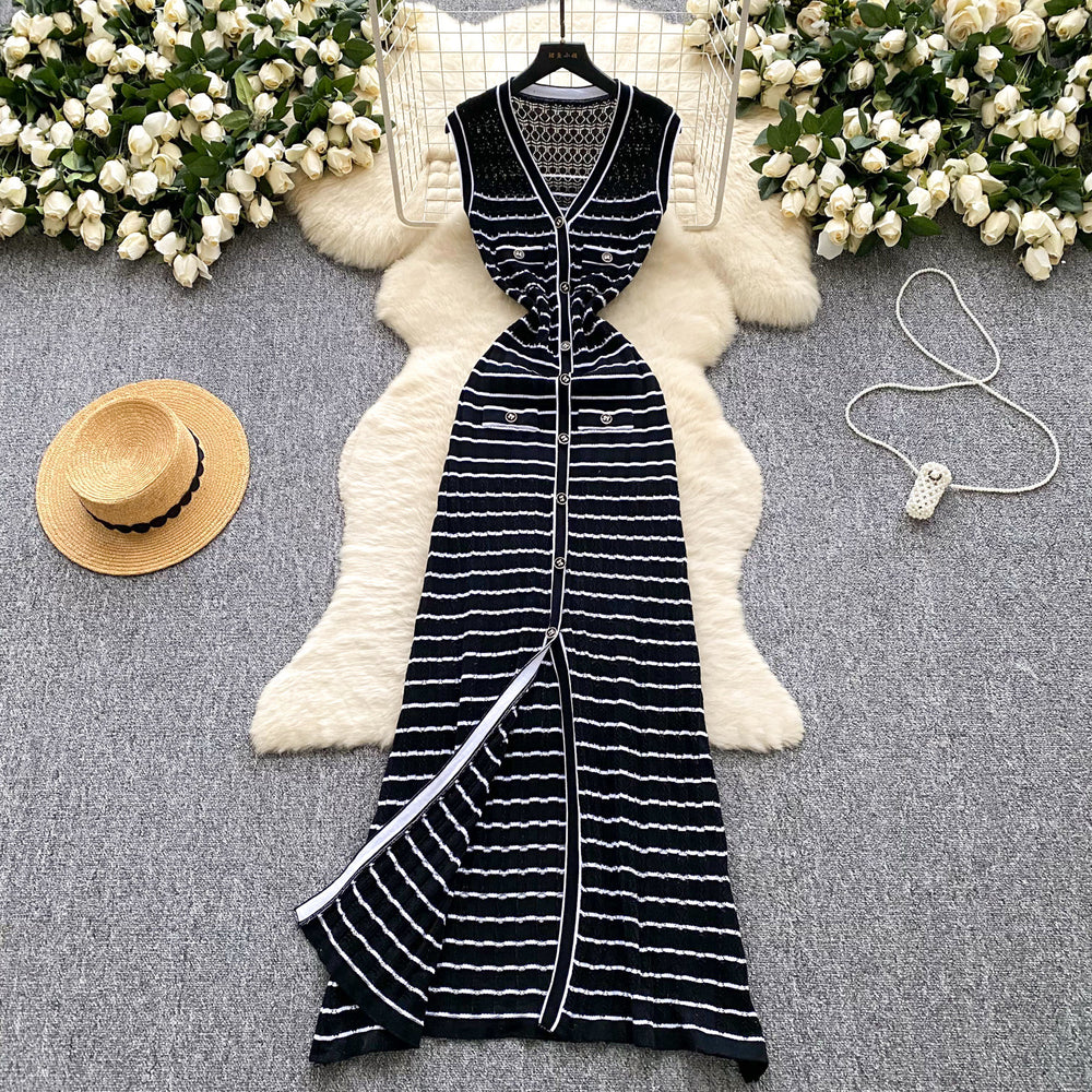 High-end color block striped knit dress - chic, slim-fit, sleeveless maxi dress with a flattering cinched waist