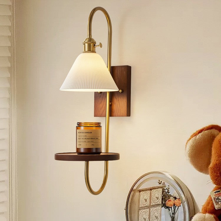 Vintage walnut wall sconce with antique brass and ceramic shelf - bedroom bedside b&b manufacturer