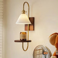 Vintage walnut wall sconce with antique brass and ceramic shelf - bedroom bedside b&b manufacturer