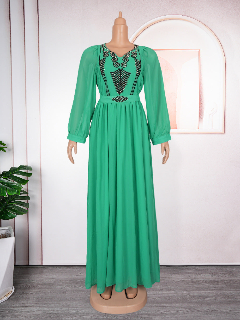 New long-sleeved african plus size women's dress - elegant & chic,  cross-border e-commerce, chiffon v-neck rhinestone embellished dress