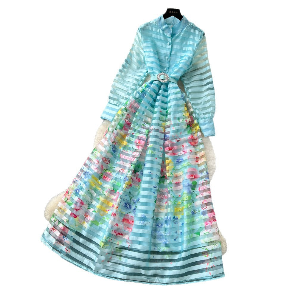 Frenchniche styleprinting stand collar long sleeves waist a-line dress female summerk-styleclassyelegant long skirt