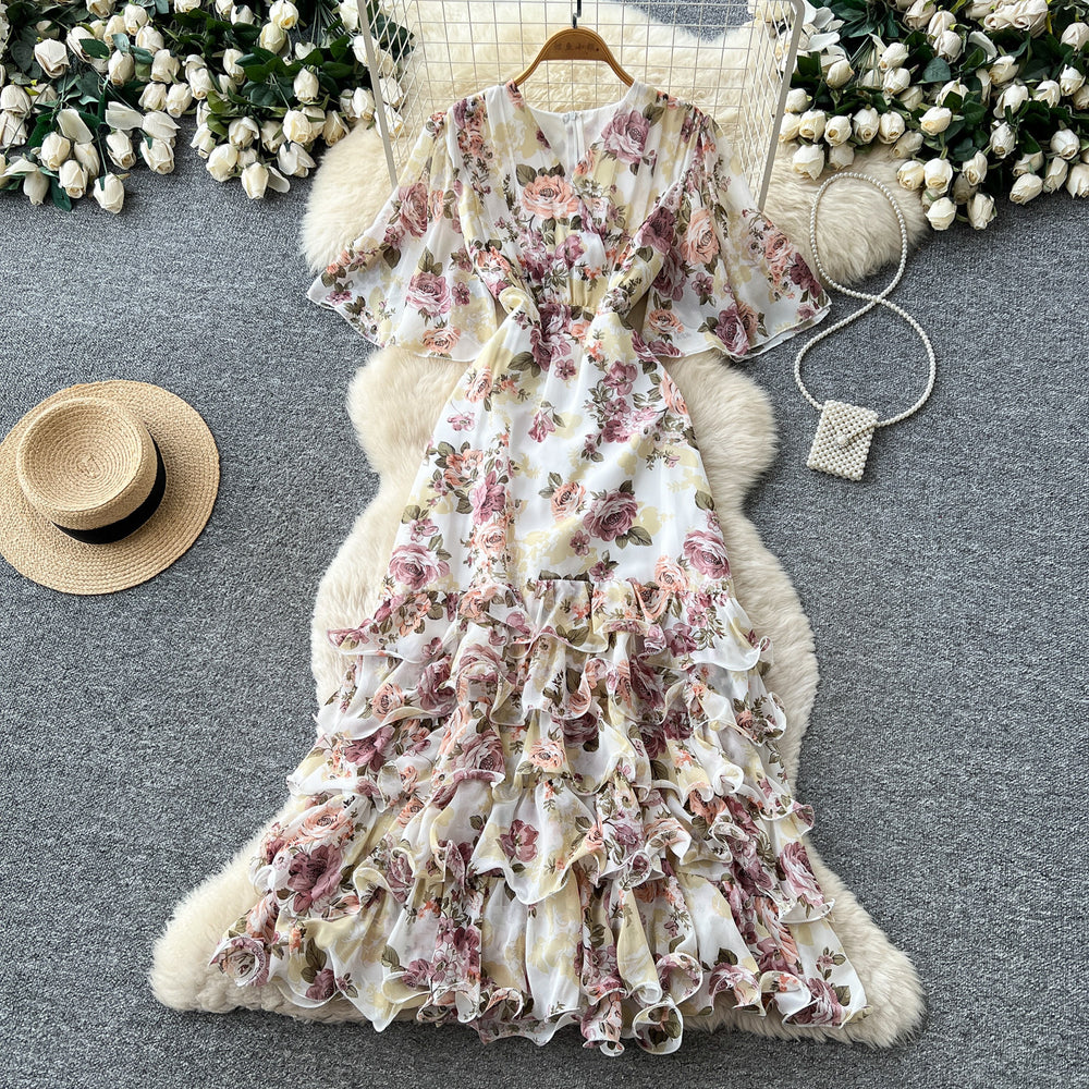 K-stylev neck floral multi-layer dress women's summer short sleevehigh waist cake skirt romantic style pinkelegant long skirt