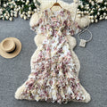 K-stylev neck floral multi-layer dress women's summer short sleevehigh waist cake skirt romantic style pinkelegant long skirt