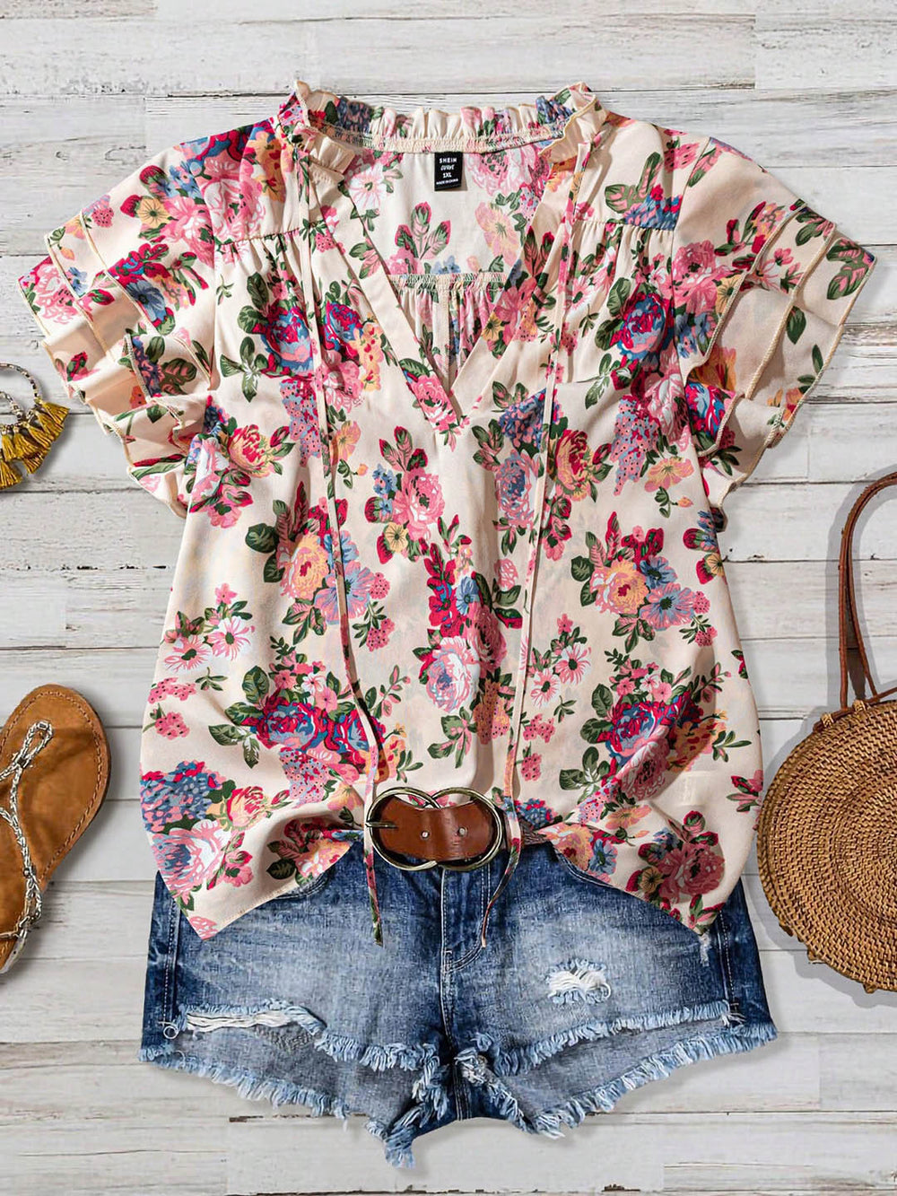 Export plus size casual floral shirt with fungus edge neckline and straps v neck full-width flower printing short-sleeved snow