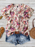 Export plus size casual floral shirt with fungus edge neckline and straps v neck full-width flower printing short-sleeved snow