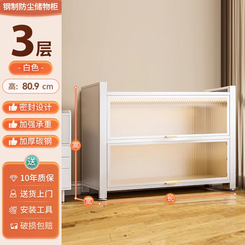 Multifunctional kitchen storage rack with cabinet doors, floor-standing, multi-tier, dustproof storage cabinet for microwave, pots, pans, and bowls