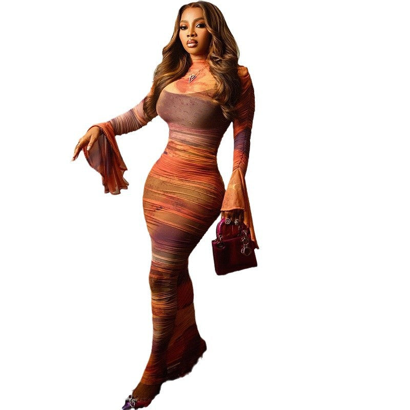 Fall and winternew arrivalcross-border european and american clothingfashioncontrast colorhalf turtleneck hornlong sleevessexy pleated hip-hugging dress