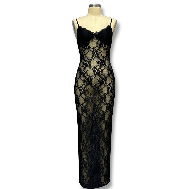 Aliexpress european and american women's clothing  spring new lace maxi dress, ruffled cami dress, slim-fit bodycon dress for women