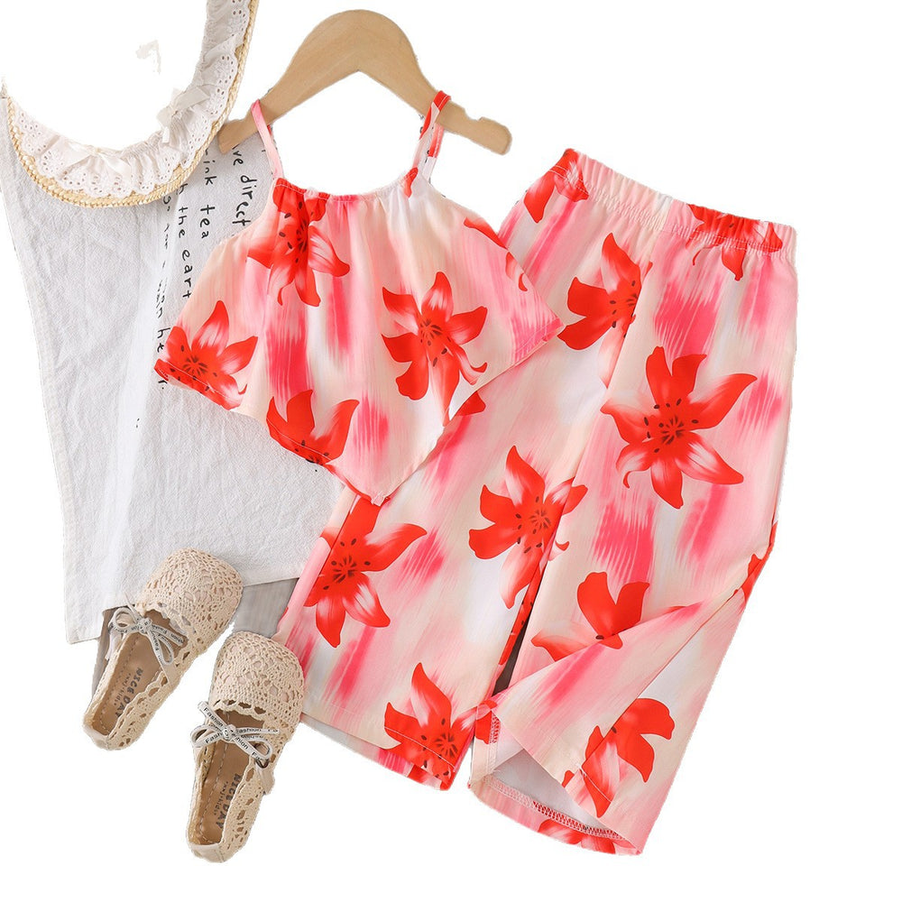 Children's clothing shein cross-border girl suit flower pattern suspender tops + pants