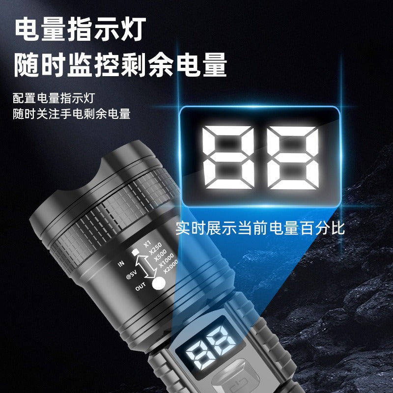 Cross-border strong light flashlight Retractable zoom digital flashlight Outdoor portable multi-function long battery life flashlight