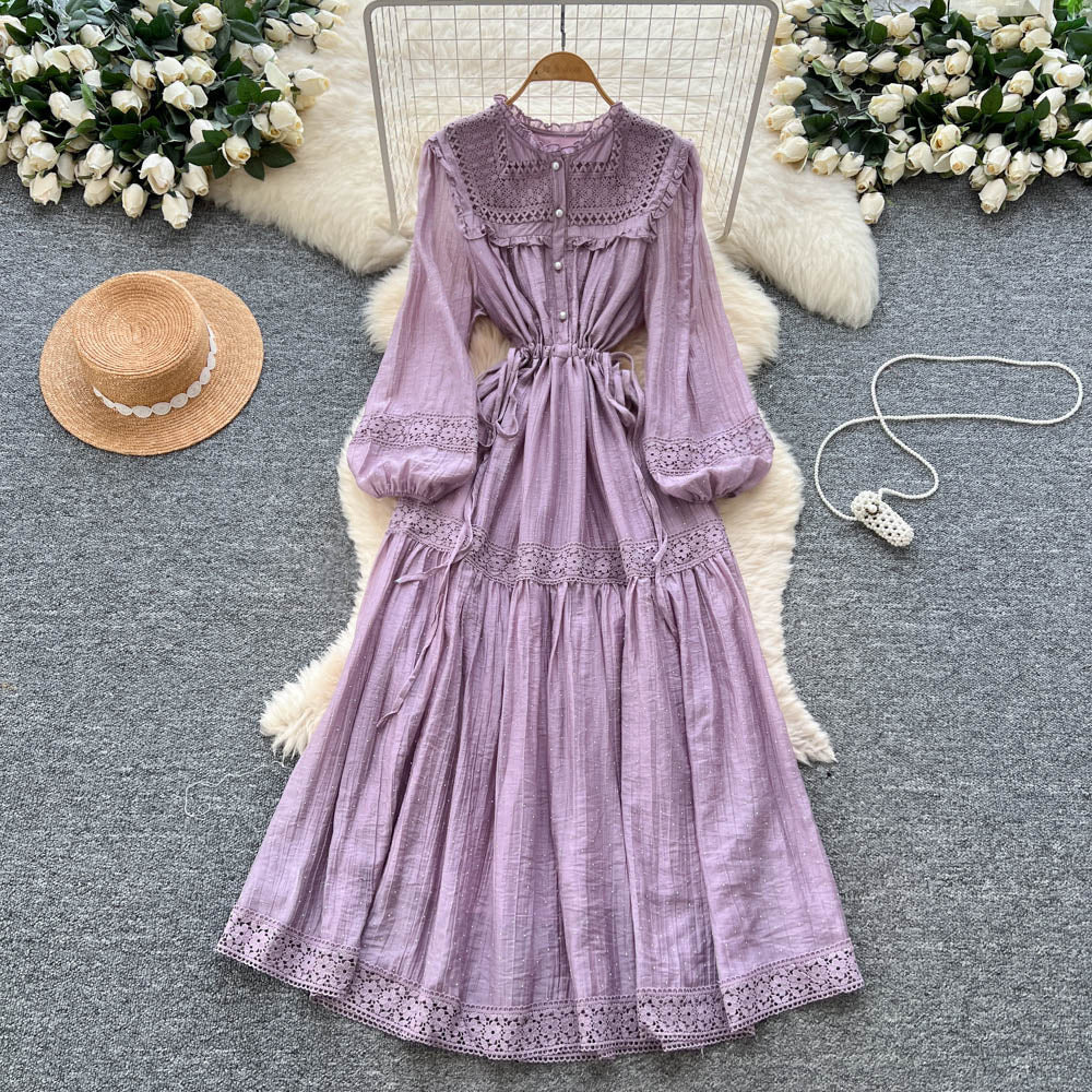 Autumn women's new dress : court-style lace patchwork, tie-waist, rhinestone embellished, flared french maxi dress