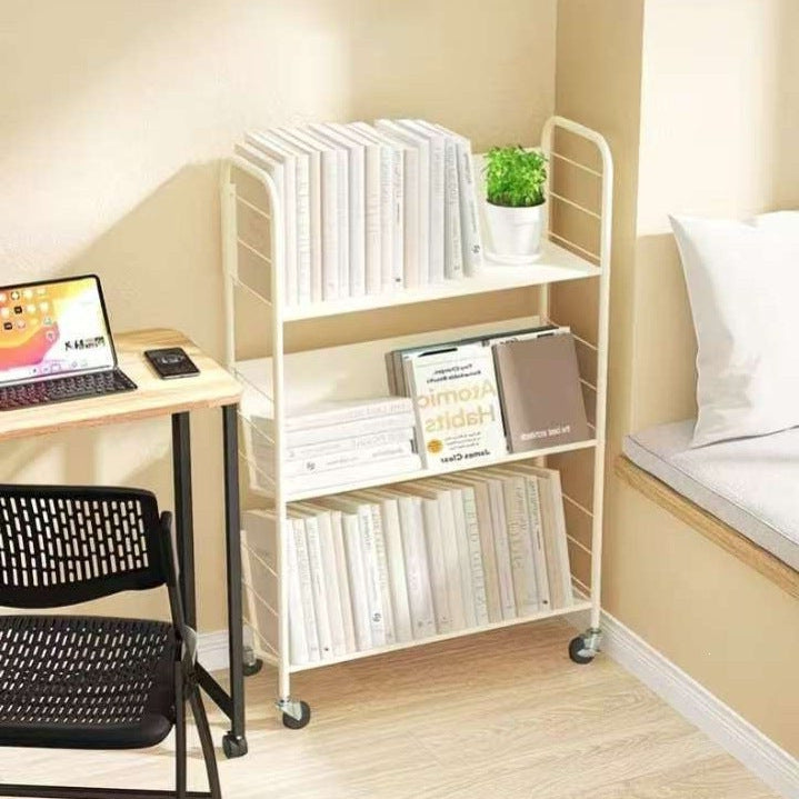 Living room bookshelf floor storage rack - mobile with wheels, home simple cart, snack storage bookshelf, invisible bookshelf