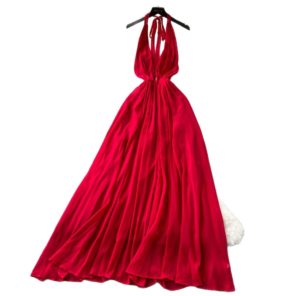 Vacation-style dress  summer french chic v-neck halter neck tie waist elegant backless chiffon maxi dress