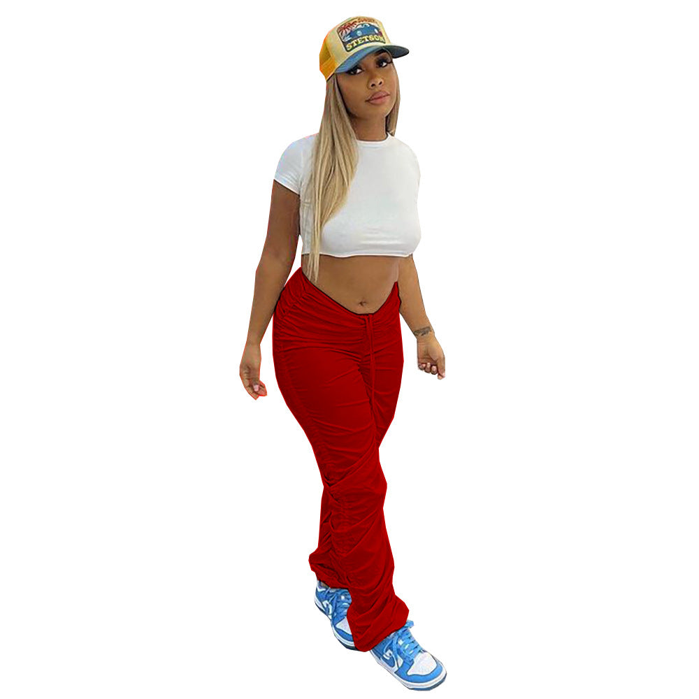 Fashion cross-border   new arrivalpure color elastic fabric pleated drawstring micro-flared sports casual pants