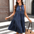 Fashion cross-border foreign trade  washed sleeveless tie back denim cake round neck layered stitching loosedress