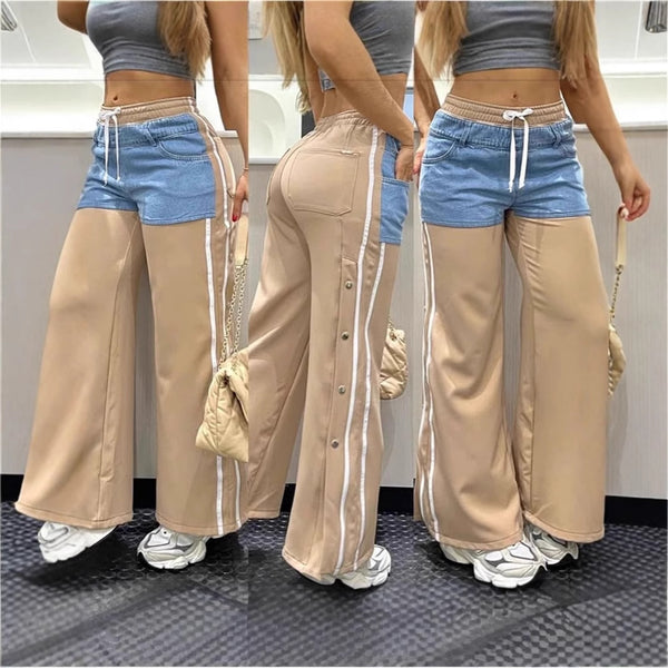 New denim splicing tooling casual elastic waist elastic button side split splicing sweatpants flared pants