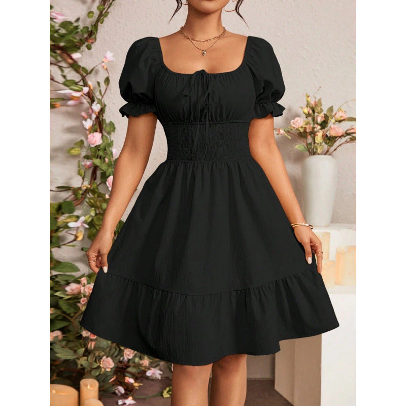 fashion  summer new arrivalelegantrufflespure color puff sleeve square neck shortdress