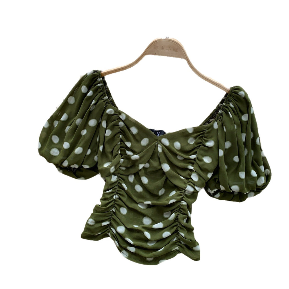Korean style polka dot puff sleeve chiffon blouse - women's summer design, breathable, skin-friendly, ruched cropped top, commute chic