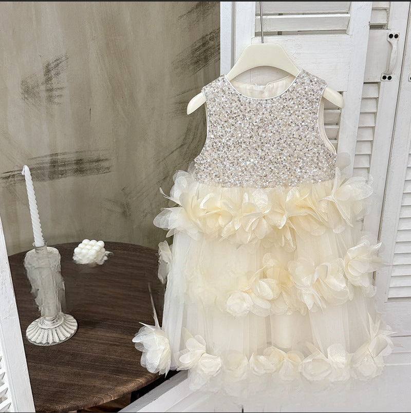 summer girls' dress petal hem high-end formal gown sequined sleeveless soft tulle vest princess dress wholesale