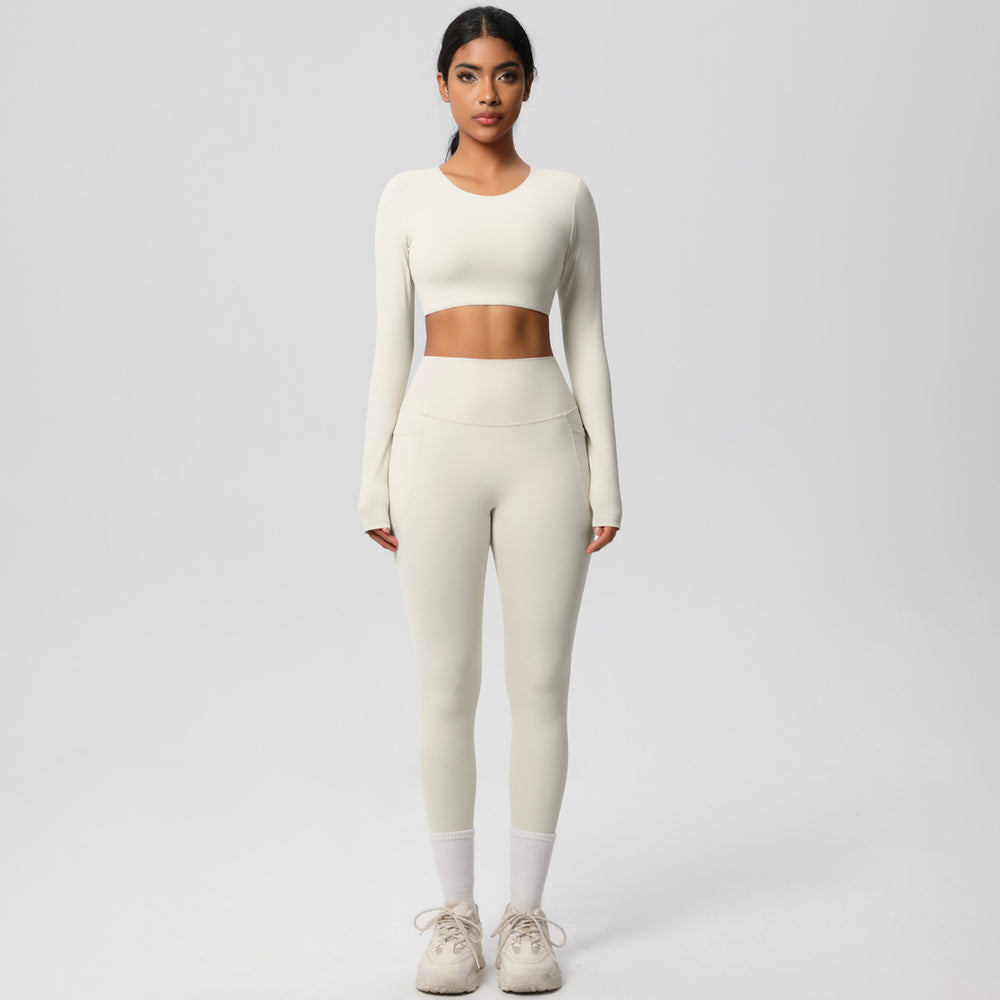 nude feeling tight high waistflap pocket pants crop toplong sleevestops yoga clothes quick-drying running sports fitness suit