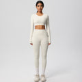 nude feeling tight high waistflap pocket pants crop toplong sleevestops yoga clothes quick-drying running sports fitness suit