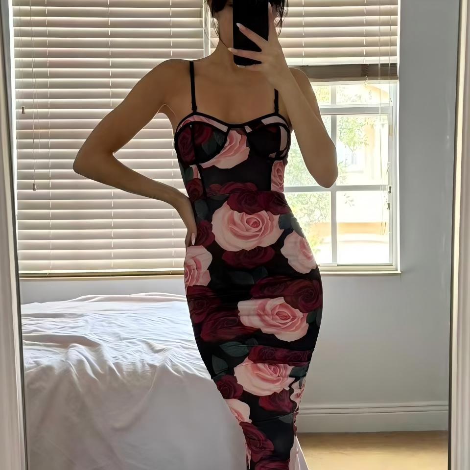 Sexy tube top off shoulder dress pure desire wind suspender floral hip skirt rose print slim waist skirt wholesale